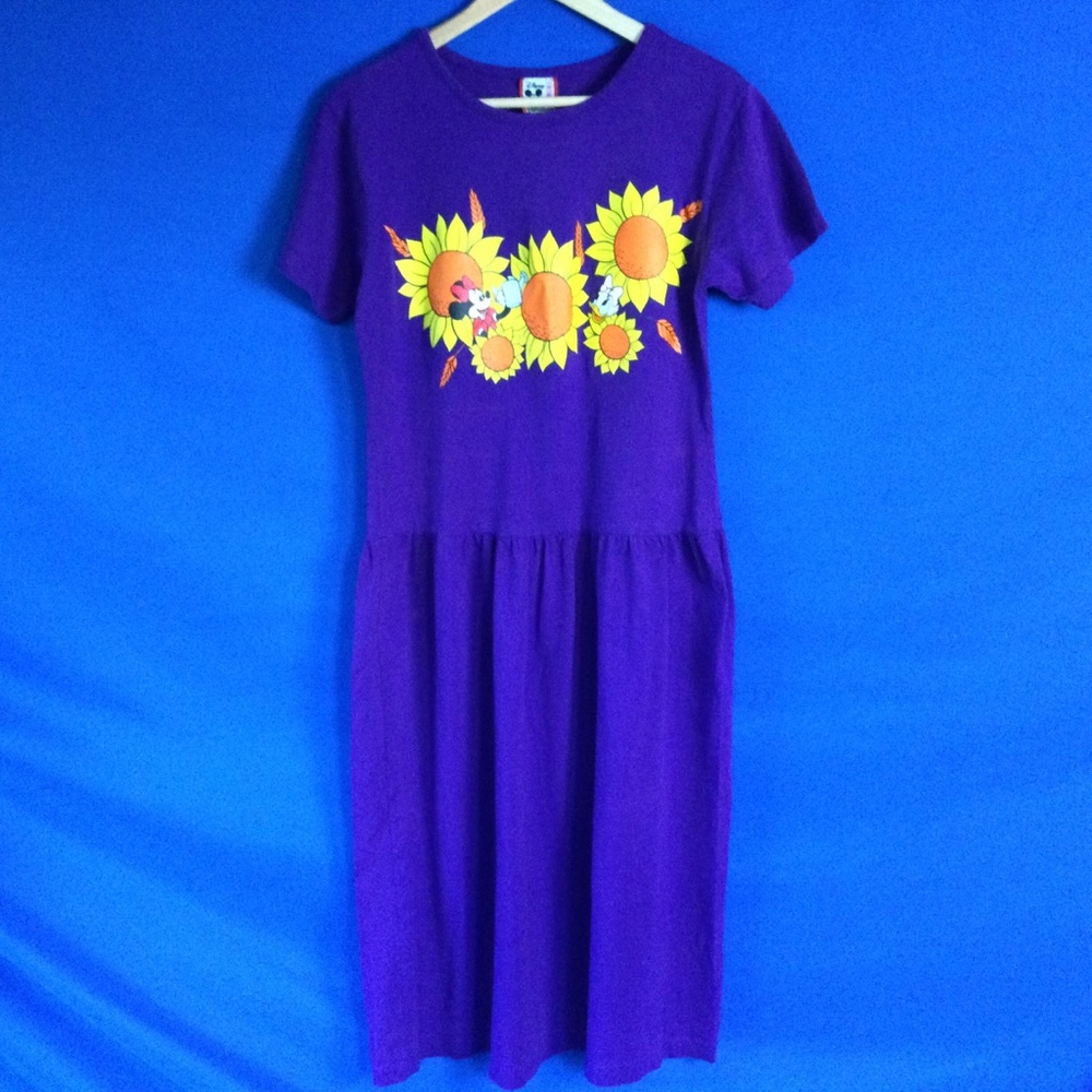 Rare Disney Designs Cotton Vintage Dress Purple Dress with Sunflower Print 90s